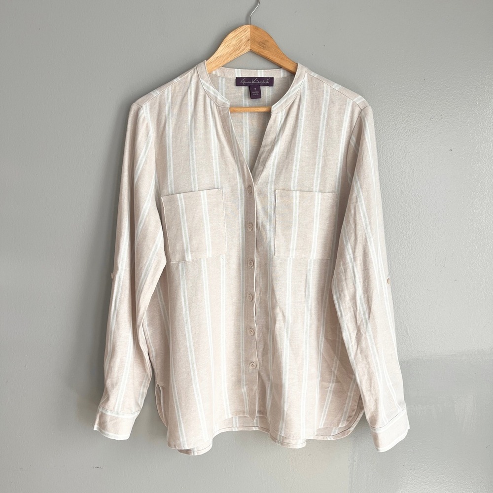 Gloria Vanderbilt Split Neck Linen Blend Striped Button Shirt Roll Tab Sleeve M‎